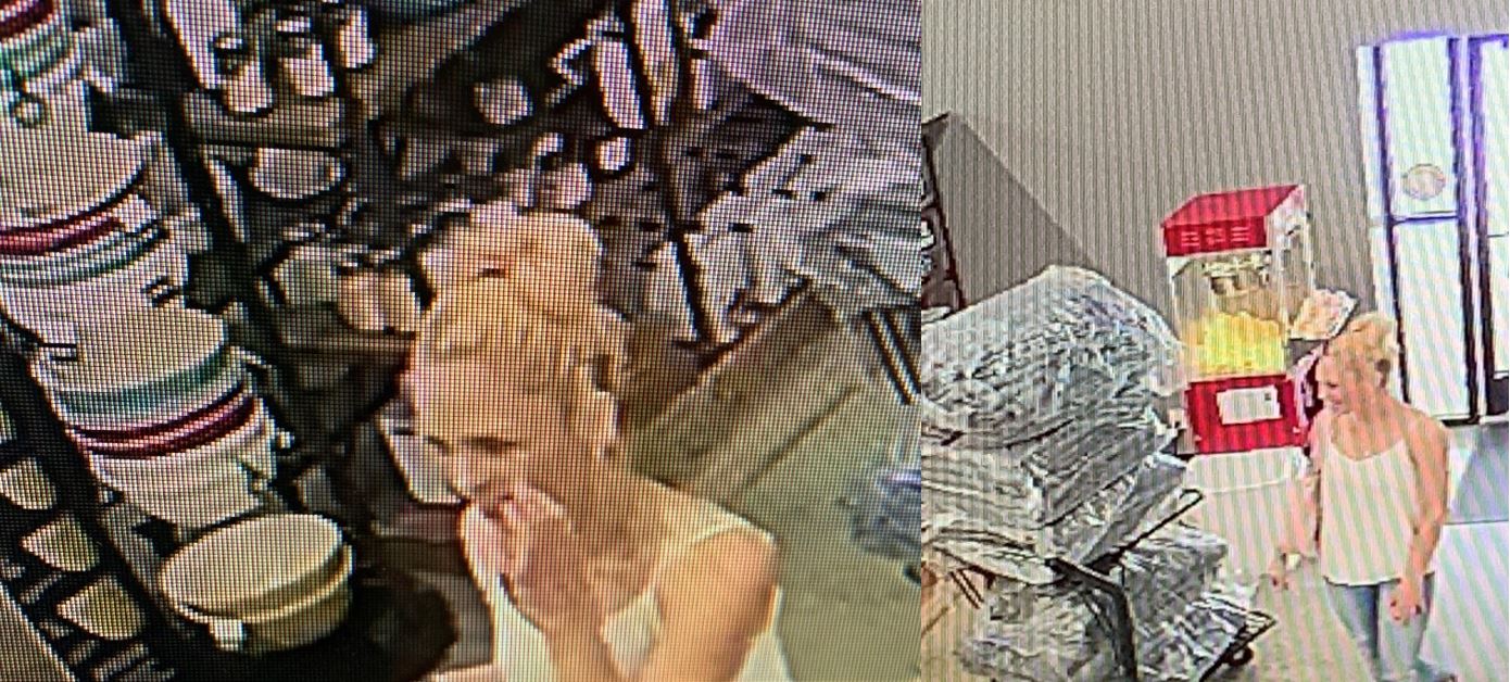 Photo collage of female theft suspect with blond hair, white spaghetti top and blue jeans entering business
